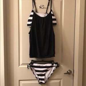 Black and white striped tankini set